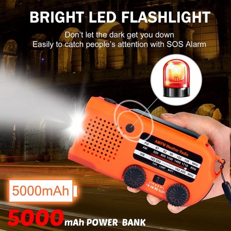 Mighty Rock Solar Emergency Hand Crank Radio 5000mAh, with Reading Lamp, LED Flashlight, SOS Alarm, Cellphone Charger, Weather Scan Alert for Household Outdoor Survival